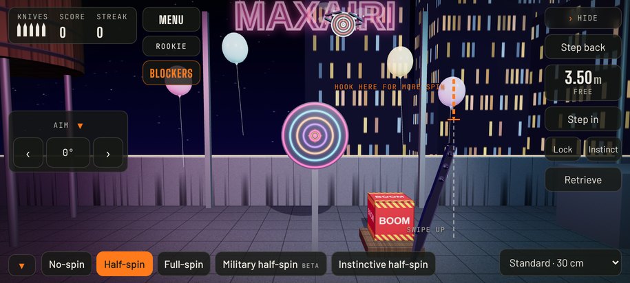 Neon Rooftop at night: balloons, a neon target and a BOOM crate over the city